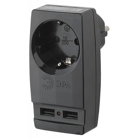 картинка Адаптер "Polynom" ЭРА 1гн 220V + 2xUSB 2100mA, c заземл, (черный) SP-1e-USB-B