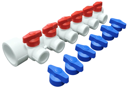 картинка Коллектор PPR с отсечными синими кранами и воздух-ком 40х20 8 выходов (15/1) (Valfex) БЕЛЫЙ К