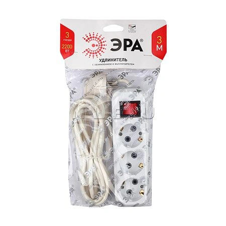 картинка Удлинитель ЭРА с зазeмл, 3х0.75мм2, с выкл, 3гн, 3м UX-3es-3m